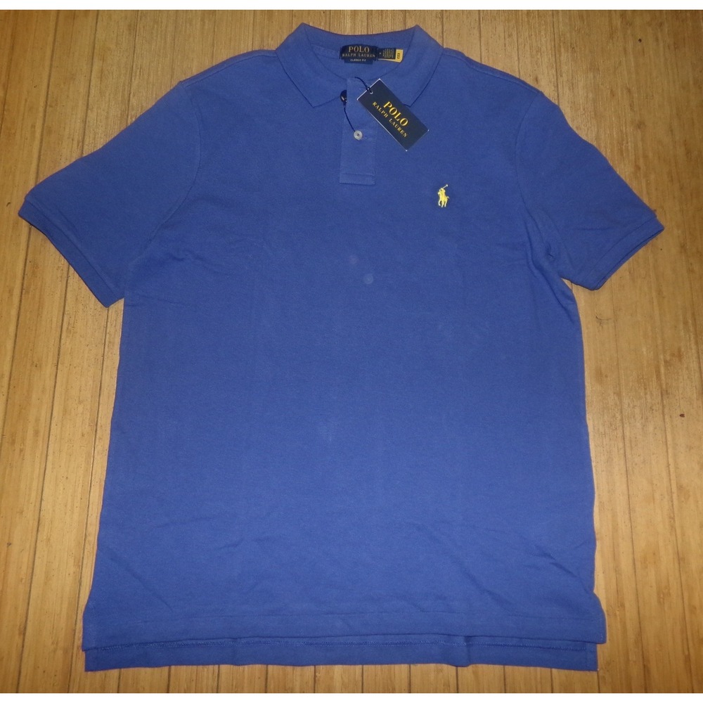 Polo Ralph Lauren Mens Classic Fit Short Sleeve Pique Polo Shirt Blue Yellow Med